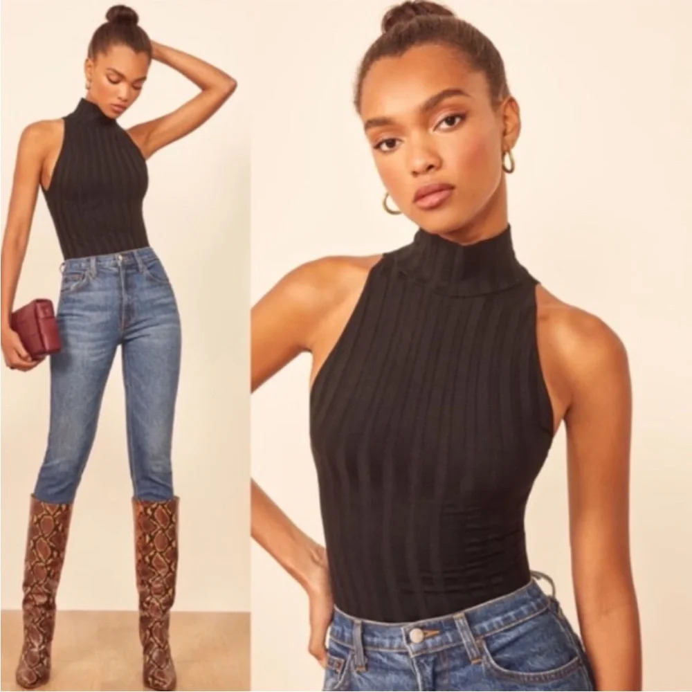 Reformation Black Ribbed Mock Neck Bodysuit